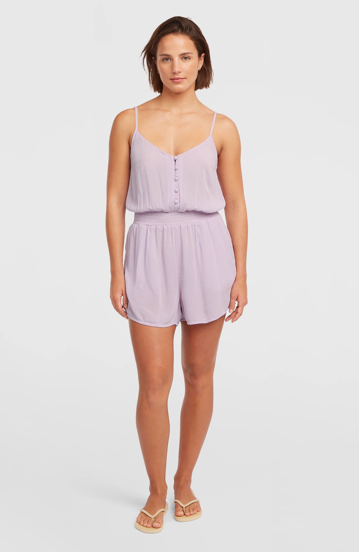 Thin Strap Buttoned Romper | Pale Lavender