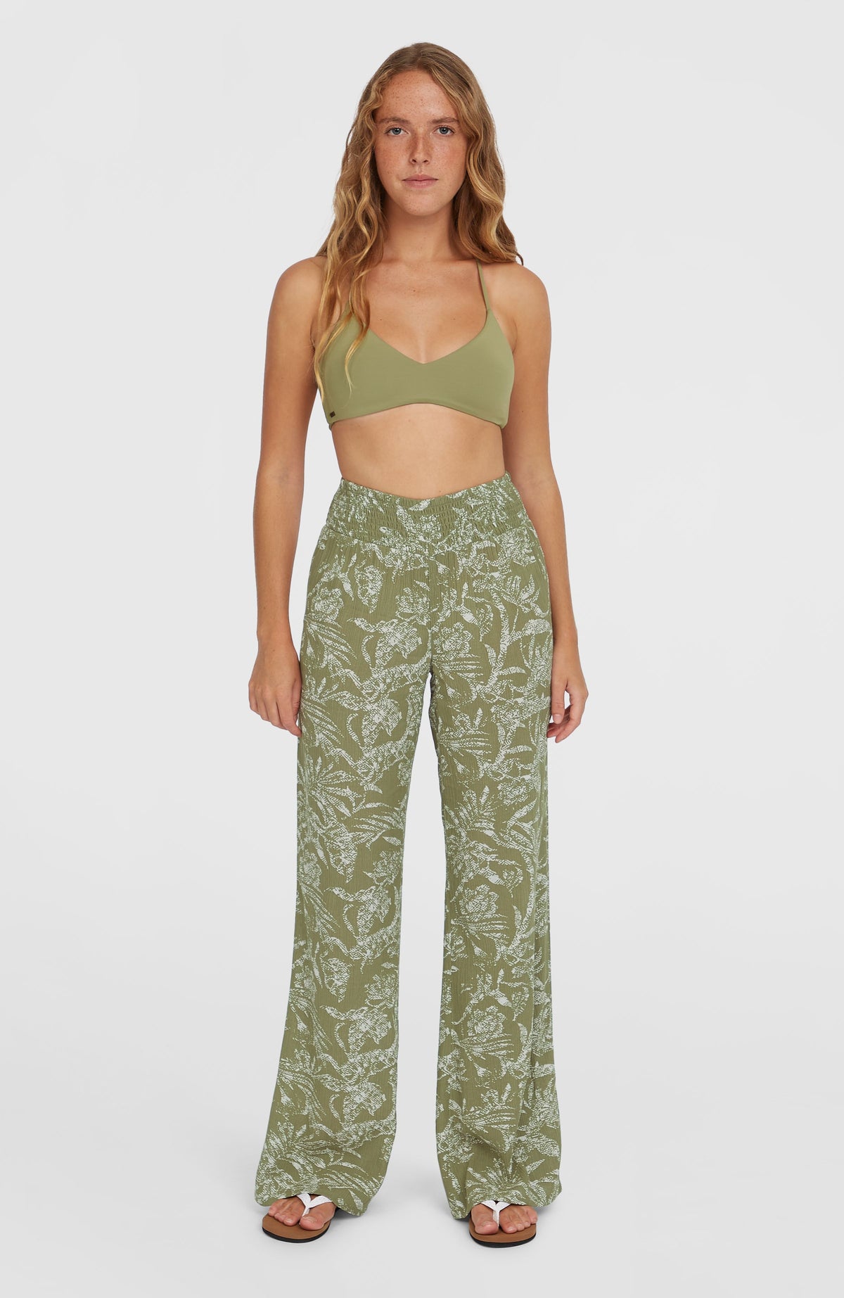 Johnny Smocked Waist Pants | Green Textured Jungle