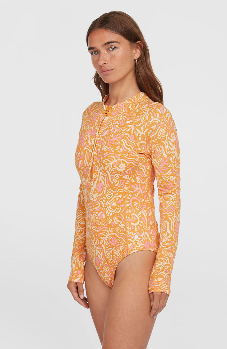 Women Of The Wave Long-Sleeve Surf Suit. | Orange Abstract Wave