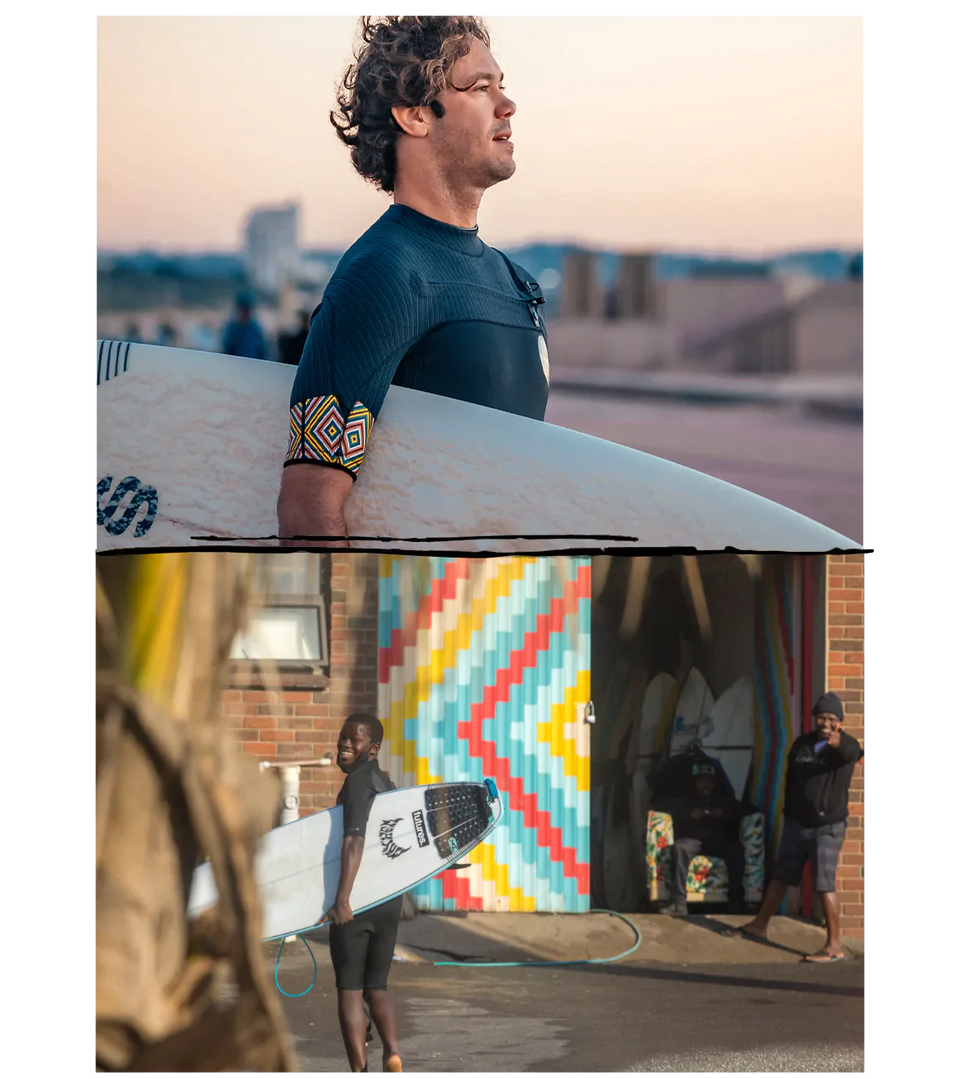 The SNSC collection features bold colored bands inspired by the iconic SNSC headquarters' door design. It was painted by the children of the program under the direction of a fellow supporter and Durban artist, Mook Lion.