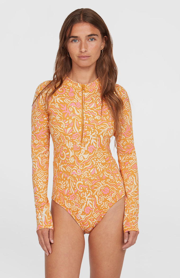 Women Of The Wave Long-Sleeve Surf Suit. | Orange Abstract Wave