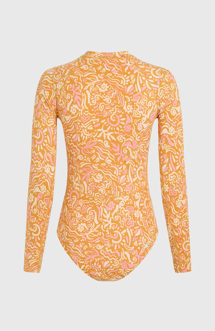 Women Of The Wave Long-Sleeve Surf Suit. | Orange Abstract Wave